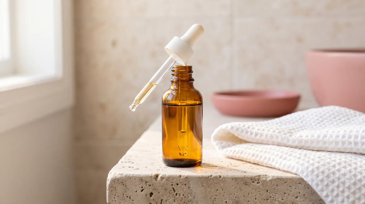 Amber glass dropper bottle with hair revive serum resting on a natural stone surface in soft daylight