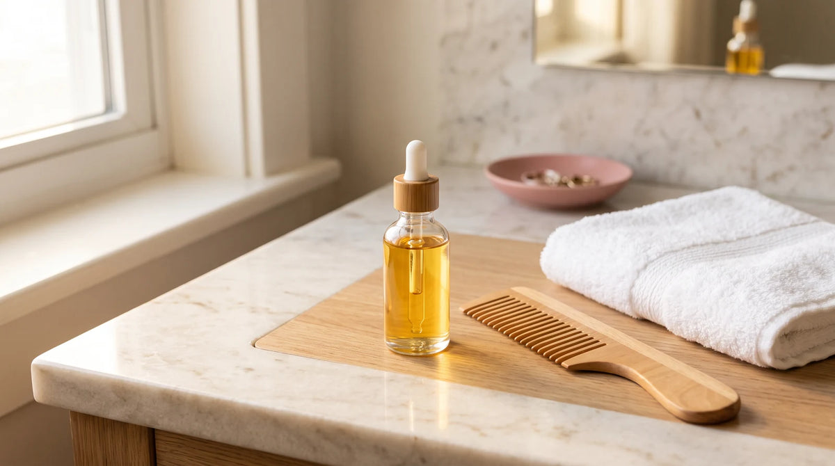 A glass dropper bottle with natural reviving serum displayed on a marble bathroom vanity with a wide-tooth comb and soft towel.