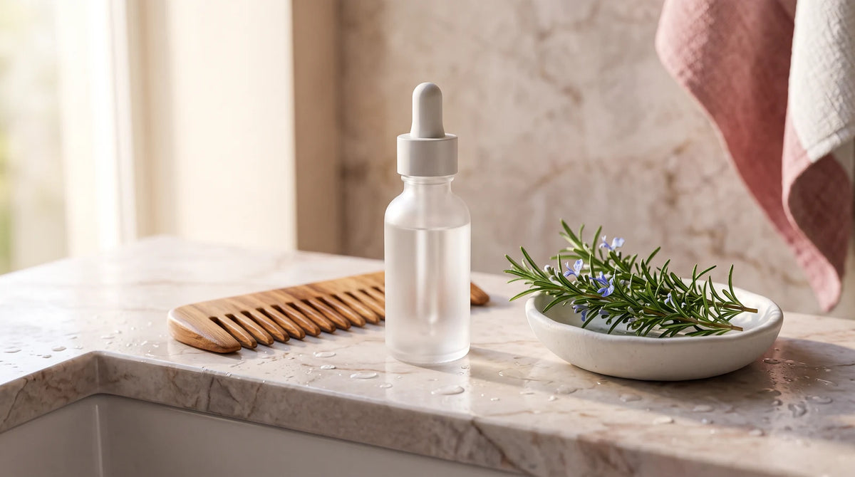 Clean botanical scalp serum bottle on a bright bathroom vanity counter beside a wooden comb