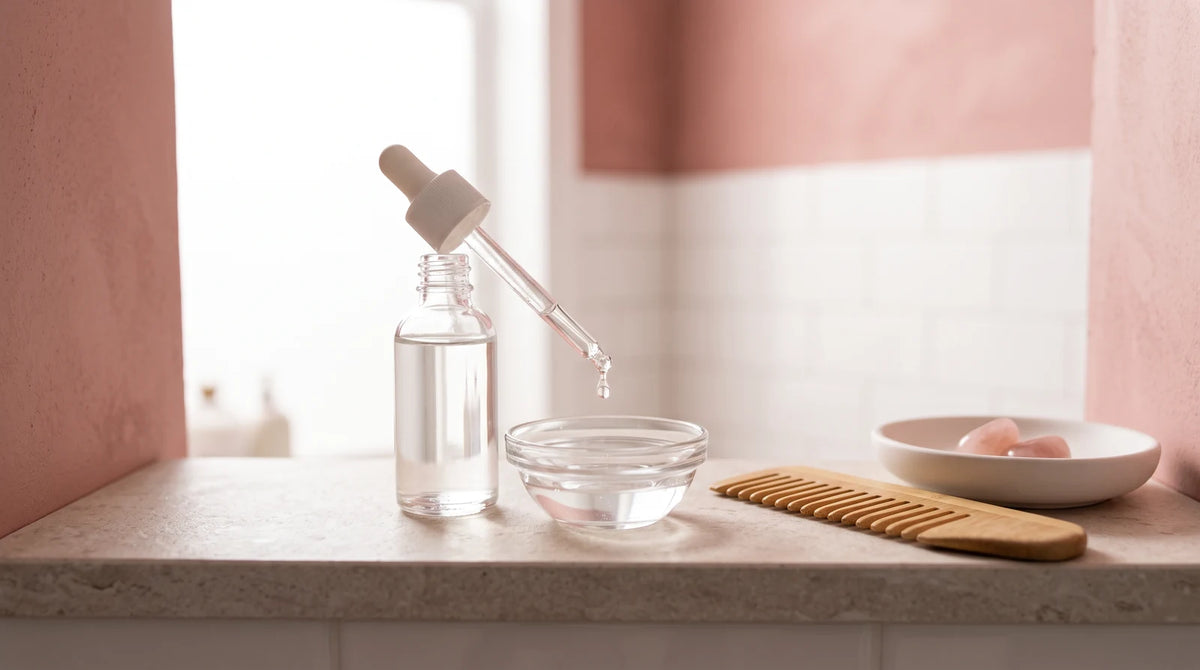 Glass dropper bottle dispensing clean hydrating scalp serum on a stone vanity in soft daylight