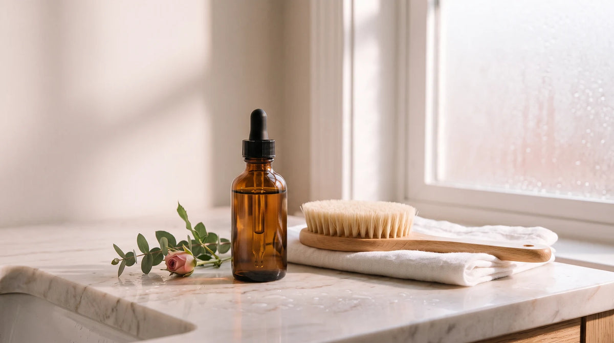 Minimalist amber dropper bottle of hair regrowth serum on a bright marble bathroom vanity surrounded by self care essentials